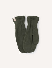 A pair of Forest Night Mittens – Merino Kids AirWool is laid flat on a light background. These warm merino wool mittens feature a simple design with ribbed cuffs and a small beige fabric tag on one cuff.