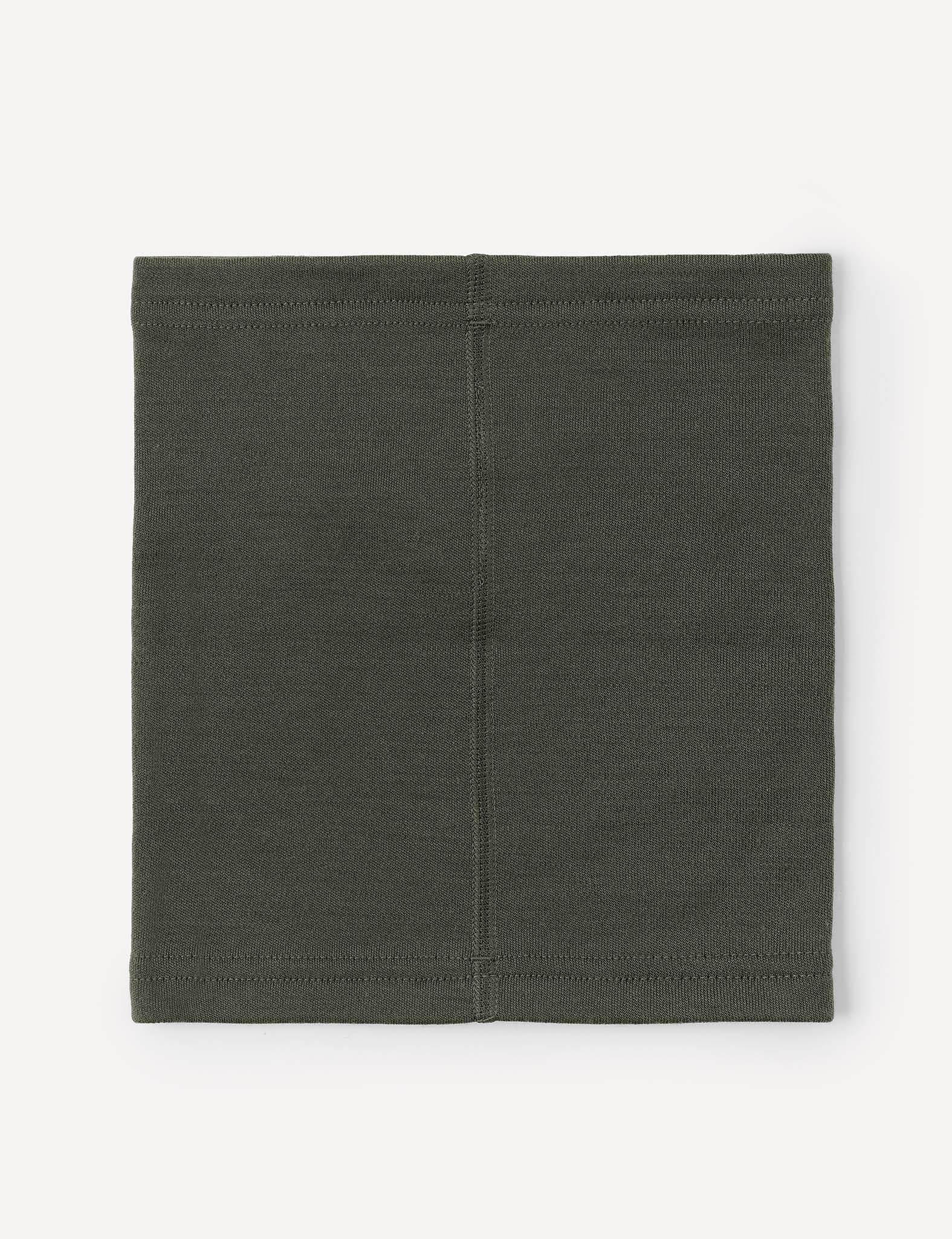 The Neckwarmer – Merino Kids AirWool in olive-green is displayed flat on a light background, featuring a front seam and neatly stitched edges.