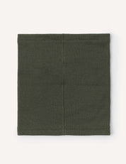 The Neckwarmer – Merino Kids AirWool in olive-green is displayed flat on a light background, featuring a front seam and neatly stitched edges.