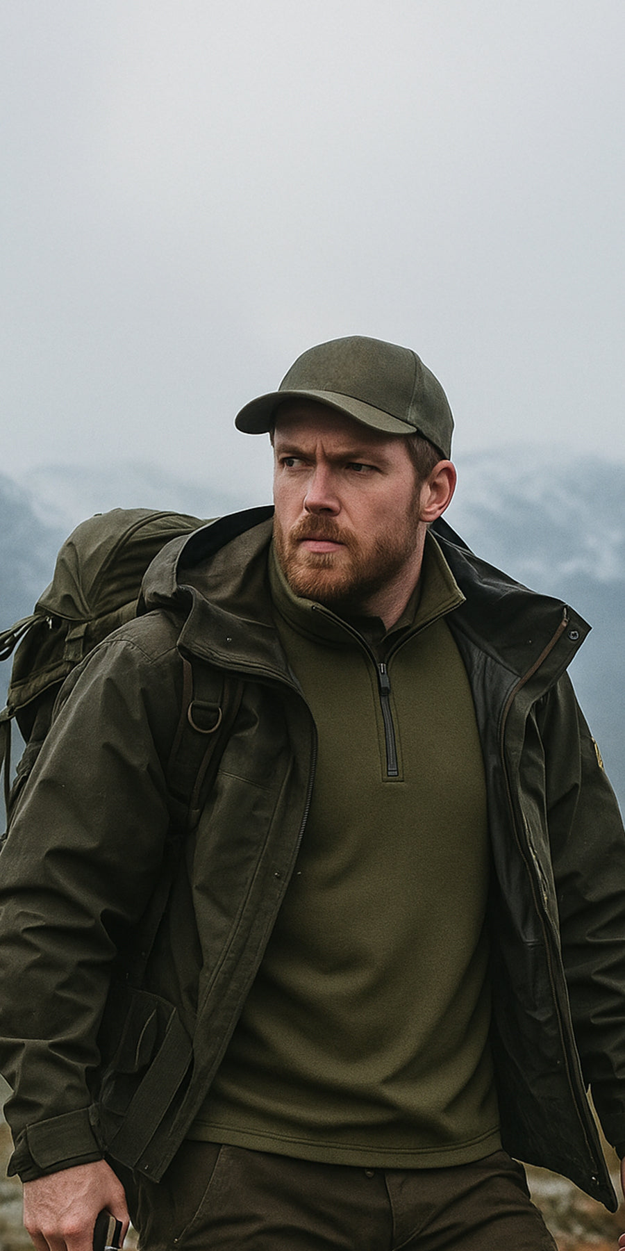 Man in Janus Wool Norse merino polo with a backpack against a mountainous background