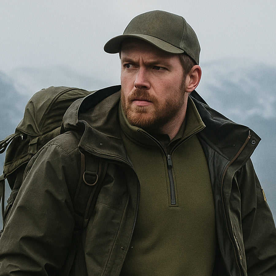Man in Janus Wool Norse merino polo with a backpack against a mountainous background