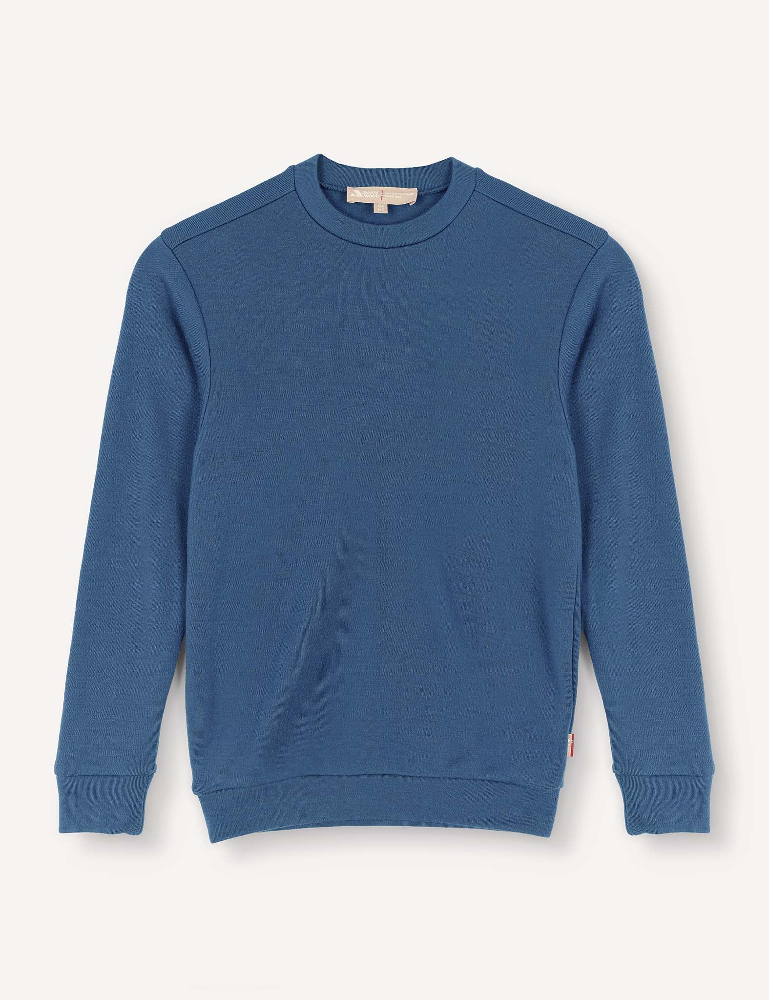 A Pullover – Merino Kids AirWool in Ensign Blue, featuring a crewneck, long sleeves, and ribbed cuffs and hem, displayed flat on a white background.