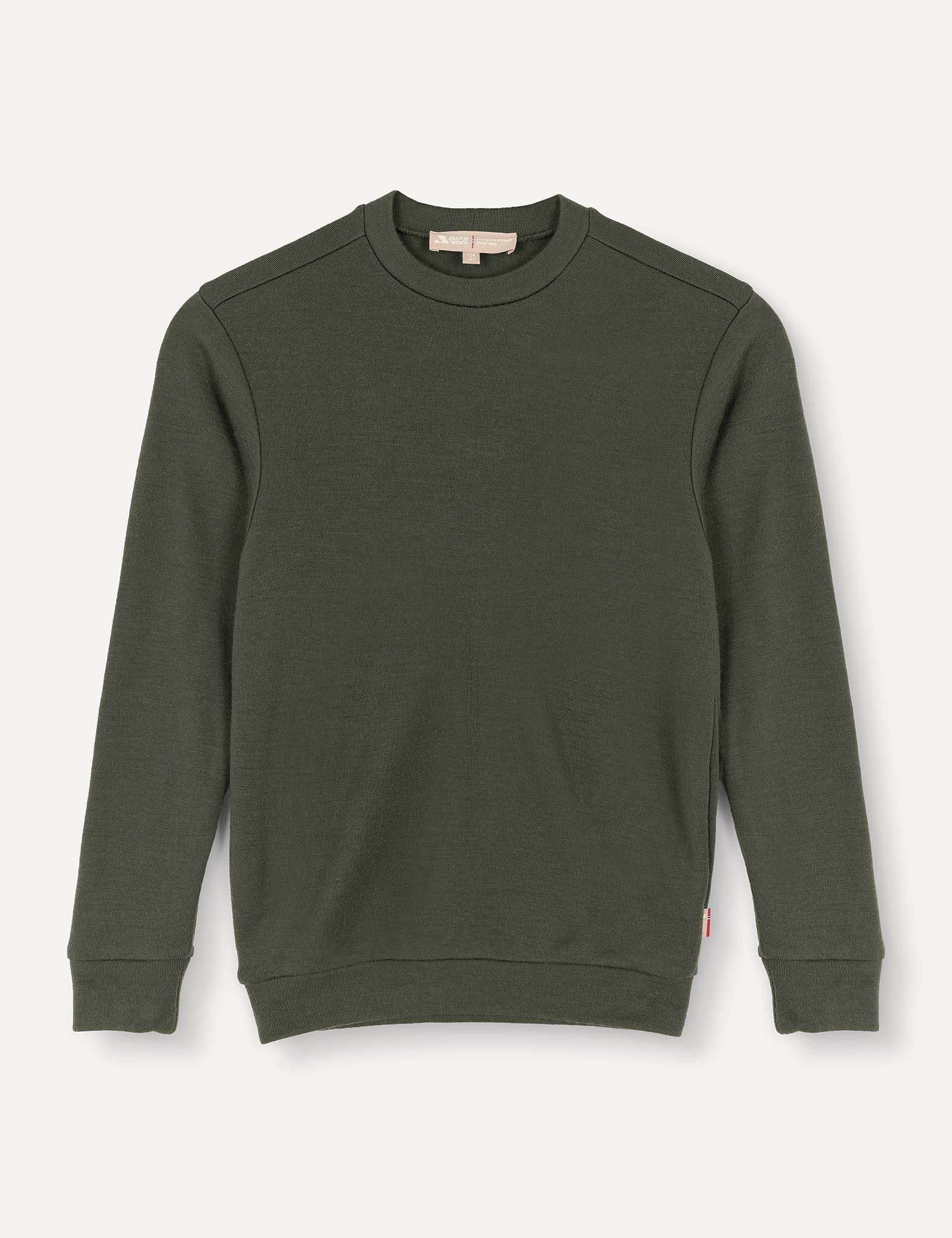 A Forest Night Pullover – Merino Kids AirWool, crafted from flexible wool in a crewneck style, features long sleeves with ribbed cuffs and a ribbed waistband, and is displayed on a light background.
