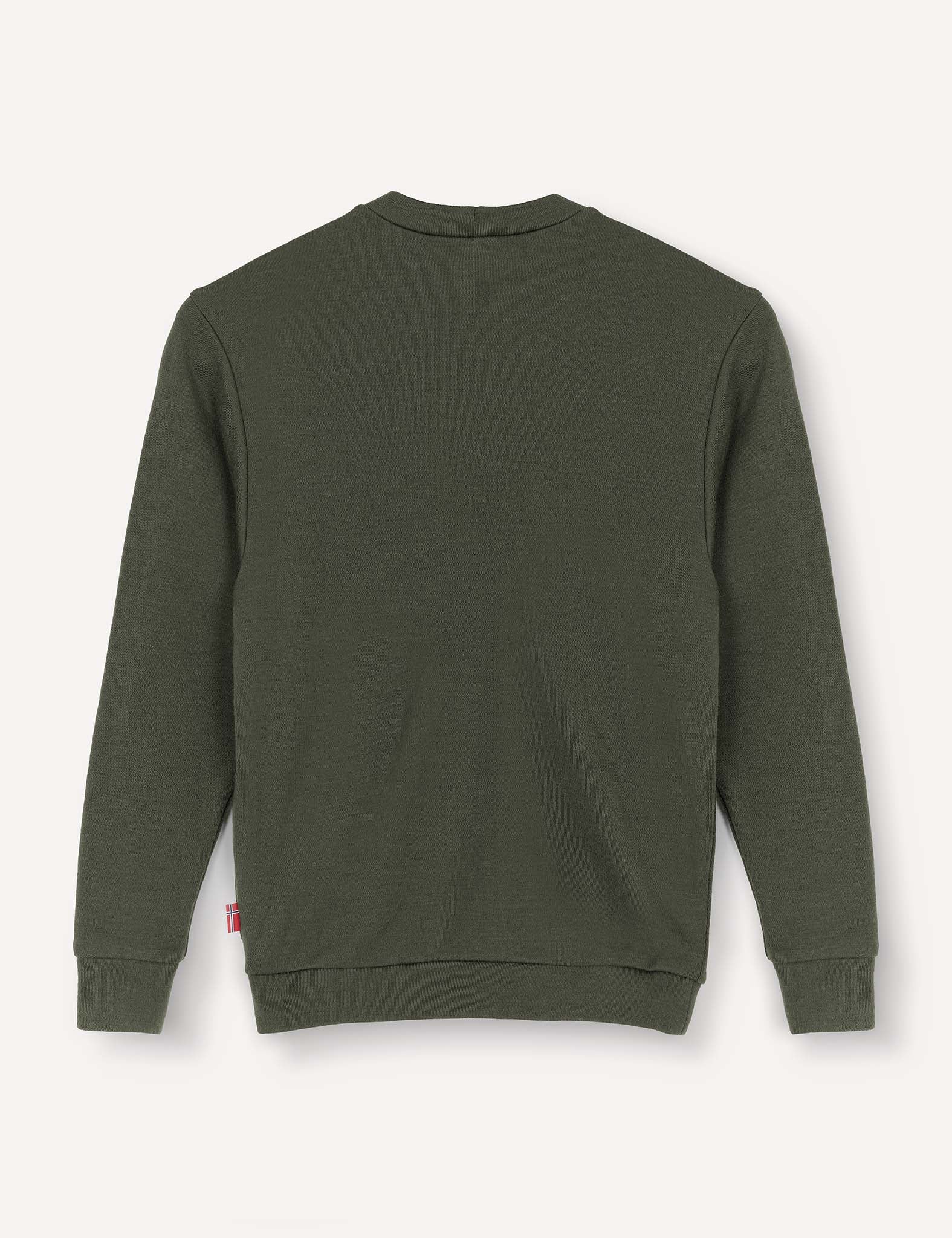 A dark green Pullover – Merino Kids AirWool sweater, featuring a plain design and long sleeves, is displayed from the back against a light background. Made from flexible wool, it includes ribbed cuffs, hem, and neckline, along with a small red tag on the side seam.