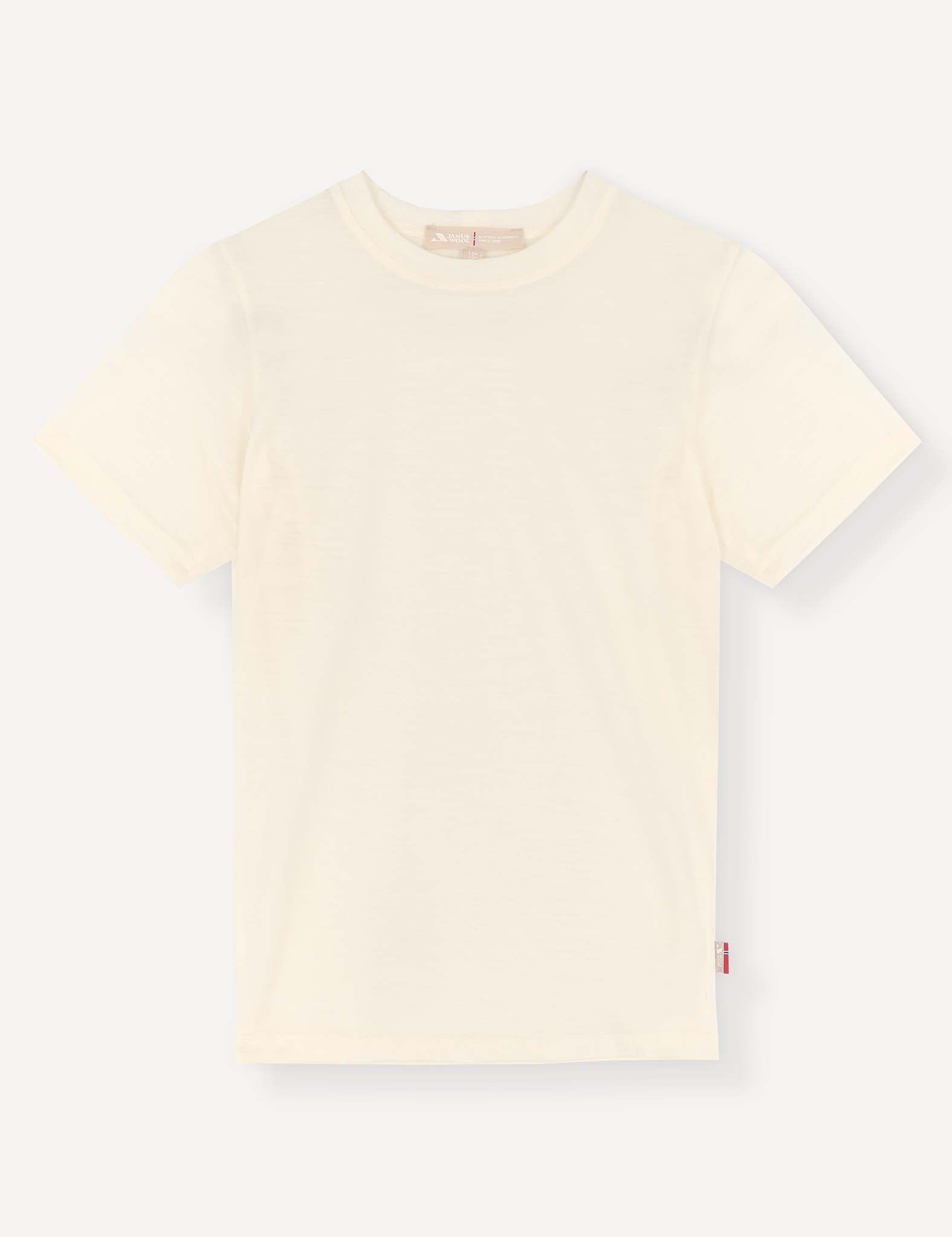 A Marshmallow-colored T-Shirt – Merino Kids Light is laid flat on a light background. This plain, short-sleeve merino wool tee features a crew neckline and a small fabric tag on the lower side seam, offering all-day comfort and natural temperature regulation.