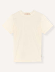 A Marshmallow-colored T-Shirt – Merino Kids Light is laid flat on a light background. This plain, short-sleeve merino wool tee features a crew neckline and a small fabric tag on the lower side seam, offering all-day comfort and natural temperature regulation.