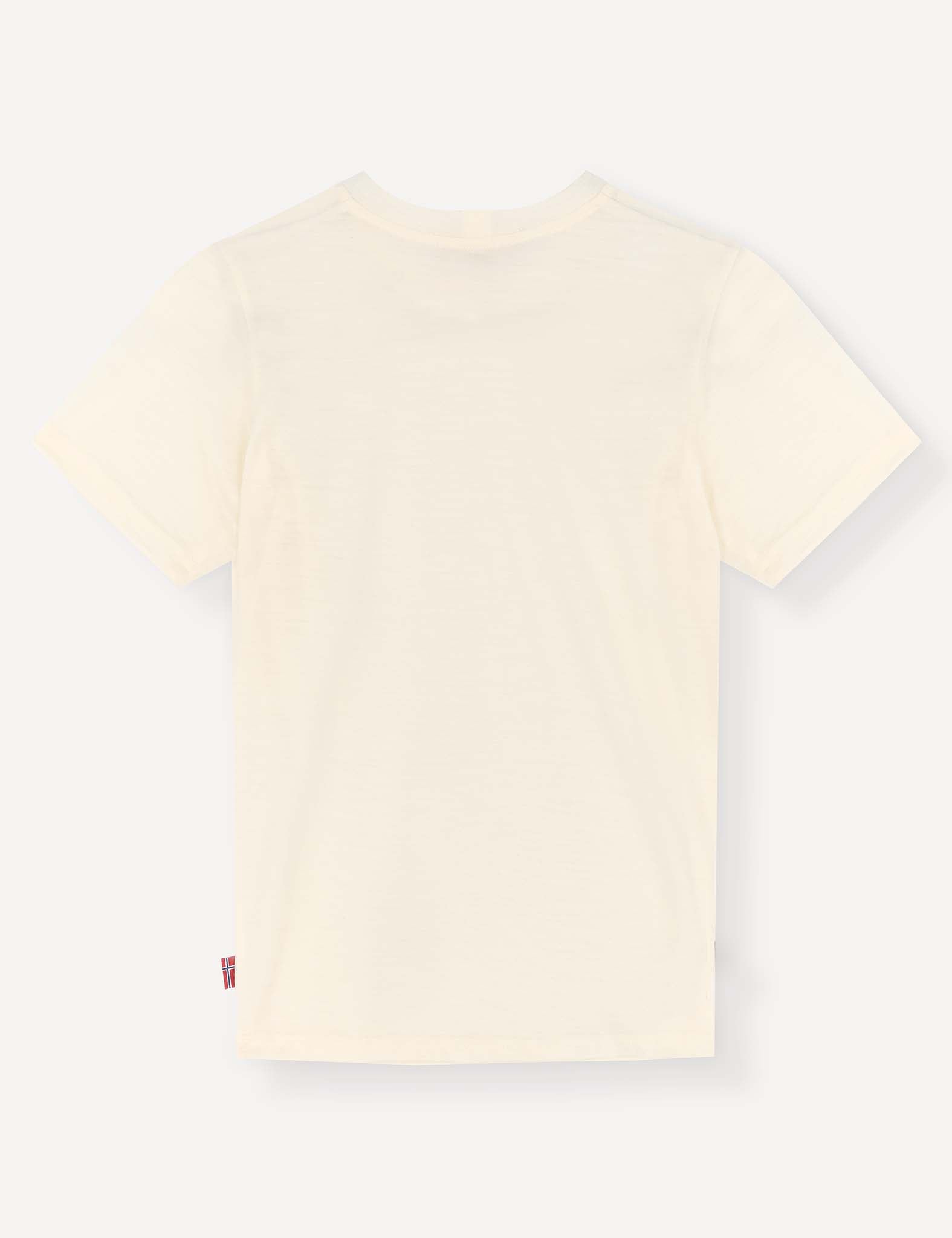 Back view of the T-Shirt – Merino Kids Light, a plain, short-sleeve off-white merino wool t-shirt displayed on a neutral background. No visible designs or logos. This fabric naturally regulates temperature to ensure all-day comfort.