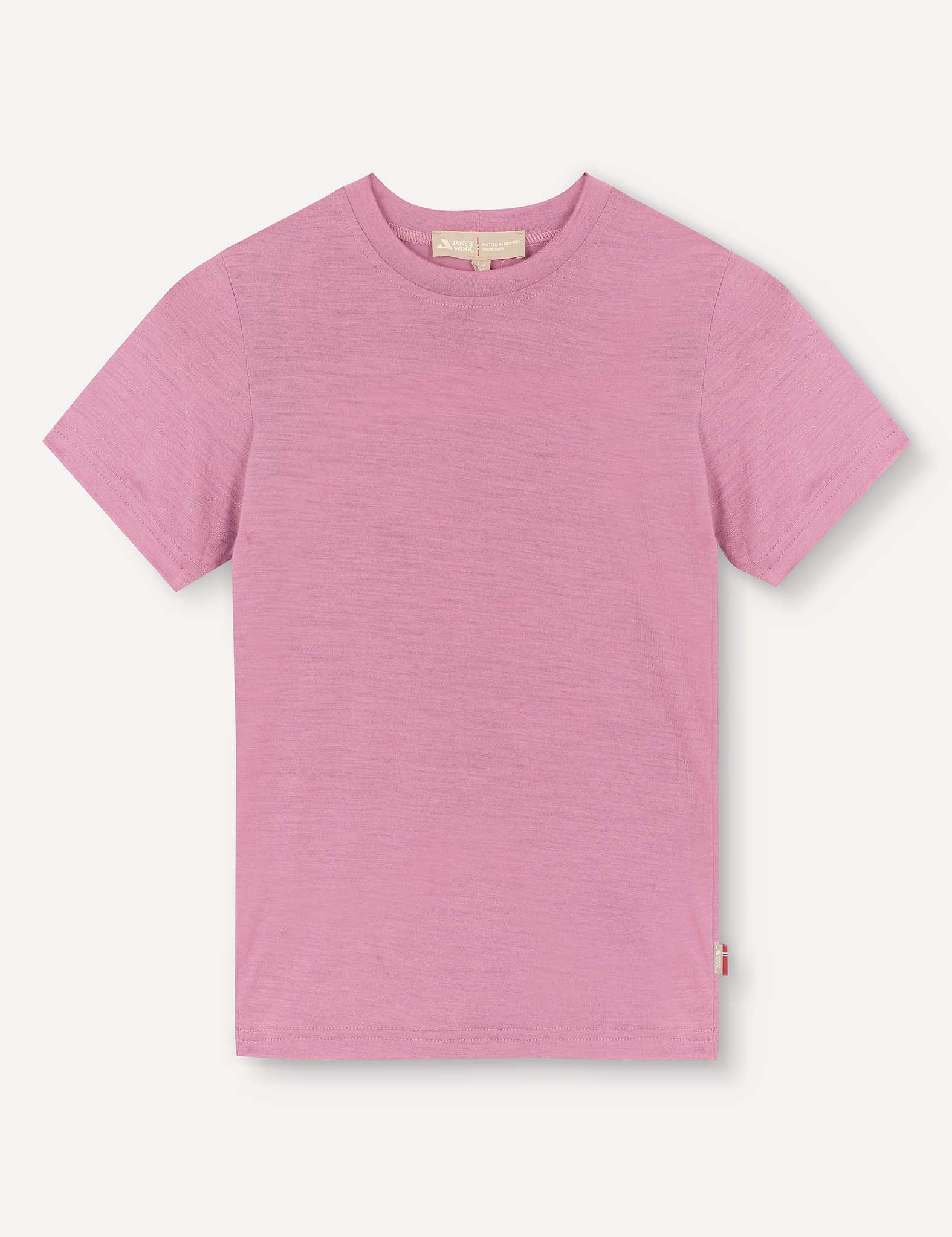 A Merino Kids Light T-Shirt in Mauve Orchid is laid flat on a white background, offering natural temperature regulation and all-day comfort.