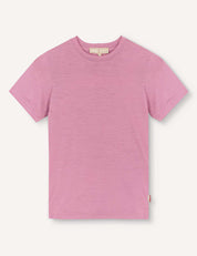 A Merino Kids Light T-Shirt in Mauve Orchid is laid flat on a white background, offering natural temperature regulation and all-day comfort.