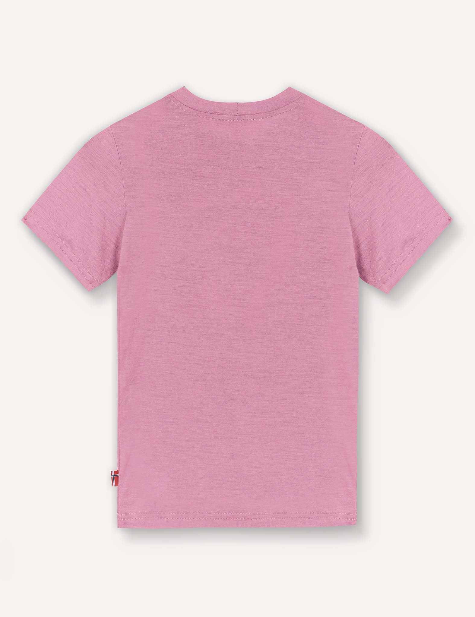 The T-Shirt – Merino Kids Light is a plain pink short-sleeve merino wool t-shirt, displayed from the back against a white background, providing all-day comfort and natural temperature regulation.