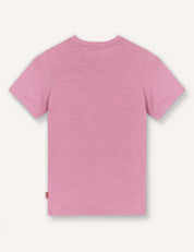 The T-Shirt – Merino Kids Light is a plain pink short-sleeve merino wool t-shirt, displayed from the back against a white background, providing all-day comfort and natural temperature regulation.
