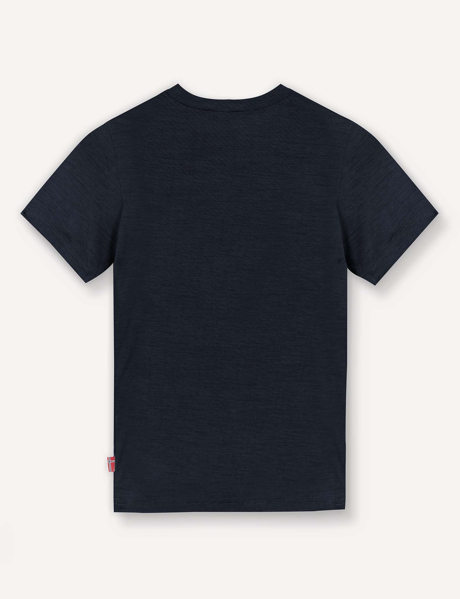 The T-Shirt – Merino Kids Light, a plain, short-sleeved, dark navy blue merino wool shirt, is displayed laid flat with the back side facing up on a light background, offering natural temperature regulation and all-day comfort.