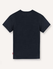 The T-Shirt – Merino Kids Light, a plain, short-sleeved, dark navy blue merino wool shirt, is displayed laid flat with the back side facing up on a light background, offering natural temperature regulation and all-day comfort.