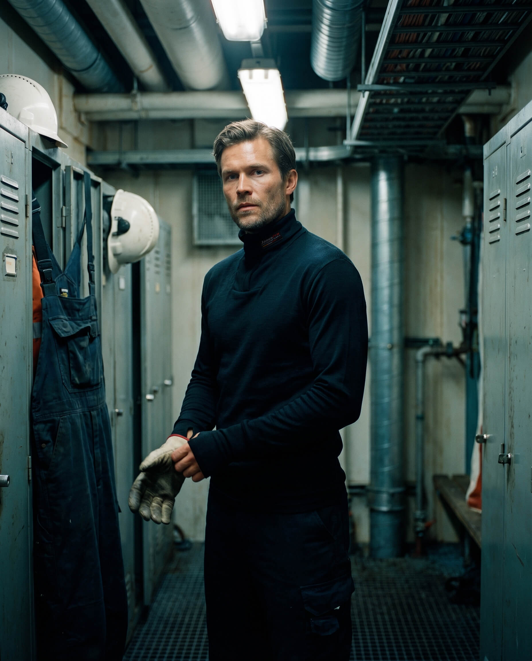 A man in dark work clothes stands in an industrial locker room, holding a pair of gloves. Lockers, work helmets, hanging coveralls, and exposed pipes are visible in the background. He wears a merino wool layer under his jacket. The lighting is fluorescent.